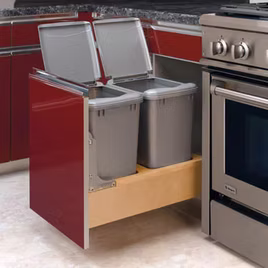 This organizer is created to perfectly fit two waste containers. The wood base as two openings, with brings organization and security. The waste containers allow for more space in your kitchen without a standalone trash can being necessary.