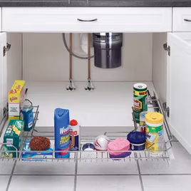 This organizer is great for under the sink storage. You can place all of your cleaning products on a metal rail. It is a clean storage space that also prevents any cabinet damage from any products.