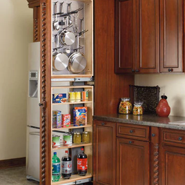 This pullout organizer is one of the most deceiving and convenient. The pull-out is attached to a filler. When closed, appears as just a decorative piece. There are two sections to this organizer. A top section featuring pegs, and a bottom section with basic shelving.