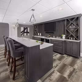 The Jamestown Bar uses maple wood and a slate finish. Cabinets crafted in Michigan since 1958.