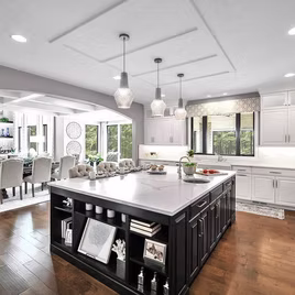 The Jamestown style kitchen is crafted with Maple wood with a white and graphite finish. Cabinets crafted in Michigan since 1958.