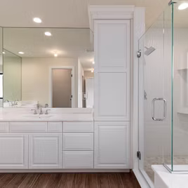 The Jamestown Bathroom from Lafata Cabinets uses maple wood with a white finish. Cabinets crafted in Michigan since 1958.