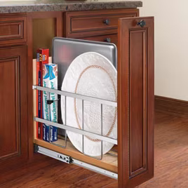 The base cabinet pullout organizer by LaFata Cabinets has adjustable shelves, roll easily on full-extension ball bearing slides, and provides the ideal access for storage in the kitchen. Made in Michigan.