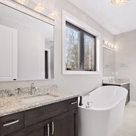 The New Shaker Bathroom from Lafata Cabinets uses maple wood with a white finish. Cabinets crafted in Michigan since 1958.
The Jamestown II Bathroom from Lafata Cabinets uses maple wood with a white finish. Cabinets crafted in Michigan since 1958.