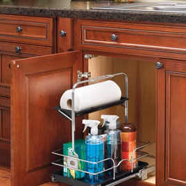 This organizer features a metal railing to easily store cleaning products and paper towel.