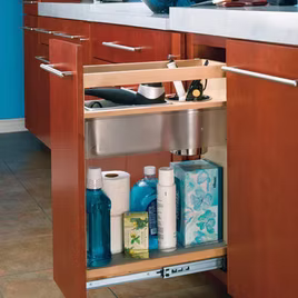 Every bathroom can use some organization. This cabinet pull out features two tiers. The top tier features compartments for hair heating tools, leaving room for bathroom toiletries on the bottom. Made in Michigan.
