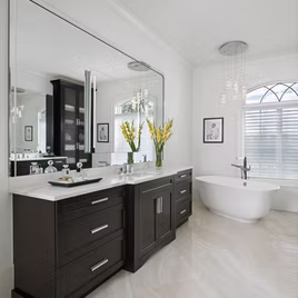 The Brookhaven Bathroom from Lafata Cabinets uses maple wood with an espresso finish. Cabinets crafted in Michigan since 1958.