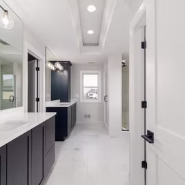 The  New Shaker bathroom is crafted with Maple wood with a graphite finish.
