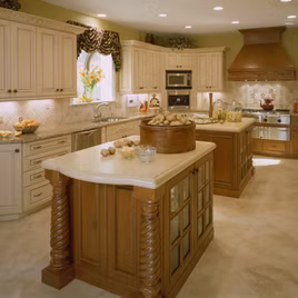 The Venetian Style kitchen is crafted with Maple wood with a cappuccino finish and cherry wood with a carmel finish. Call 586-247-1140 or visit our showrooms in Shelby Township & West Bloomfield to find out more information. 