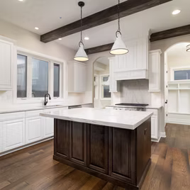 The Jamestown  kitchen is crafted with Maple wood with a cream & kodiak finish. Cabinets crafted in Michigan since 1958