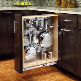 The base cabinet pullout organizers by Lafata Cabinets roll easily on full-extension ball bearing slides and provide the ideal access for vertical storage with a stainless steel panel for the kitchen. Made in Michigan.