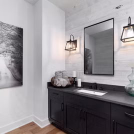 The New Shaker Bathroom from Lafata Cabinets uses maple wood with a java finish. Cabinets crafted in Michigan since 1958.